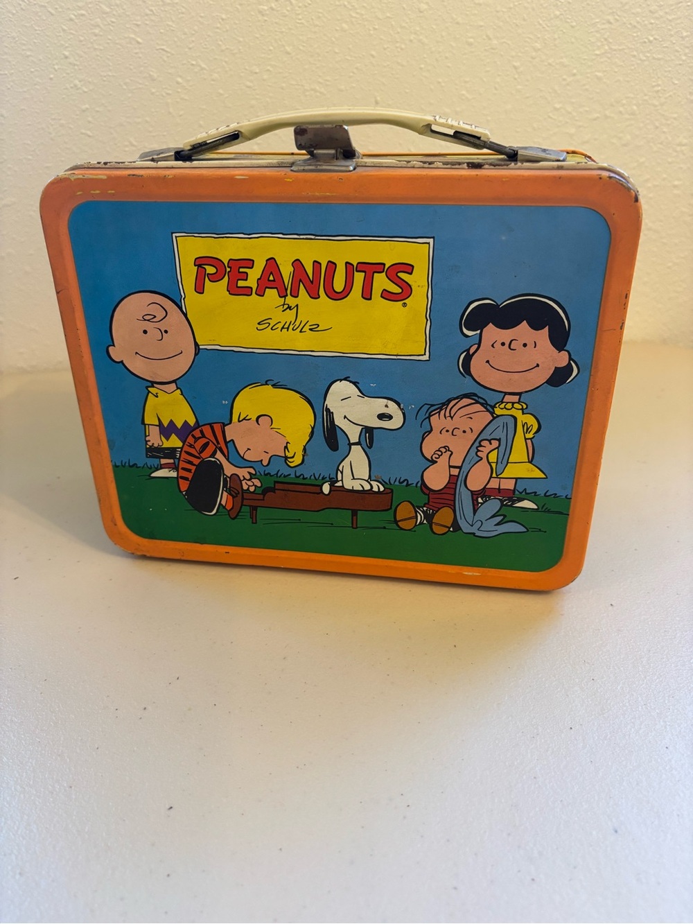Vintage Thermos Peanuts Metal Lunchbox in Orange and Blue